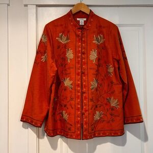 Vintage Dressbarn Orange Embroidered Silk Mandarin Collar Jacket Coat Women's 2X